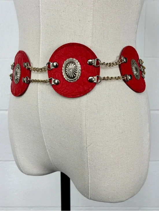 Vintage Western Disc Belt Silver Concho Red Embossed Faux Leather Gold Chain S/M - Picture 2 of 13